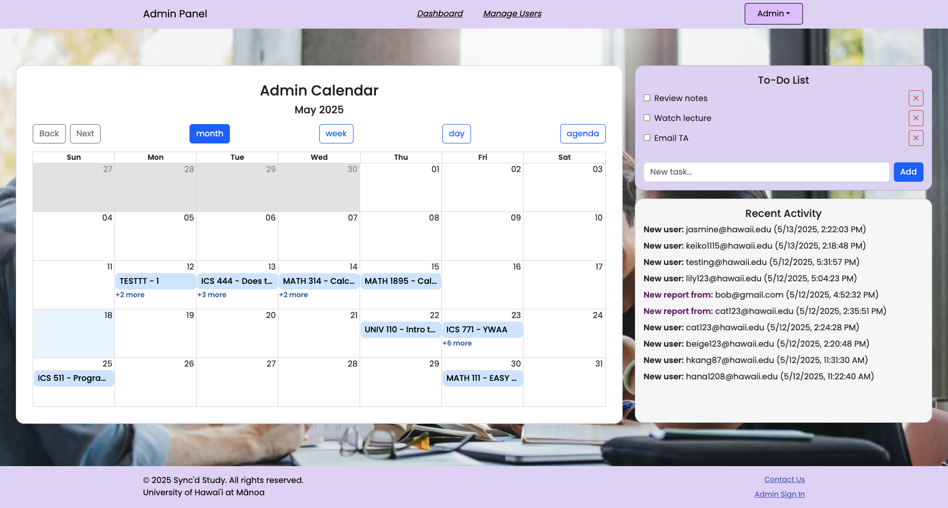 Admin's Dashboard page