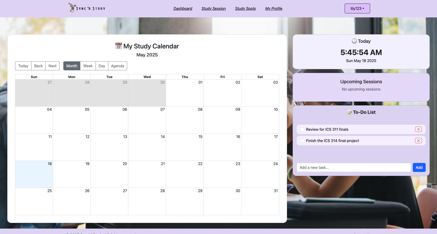 User's Dashboard page