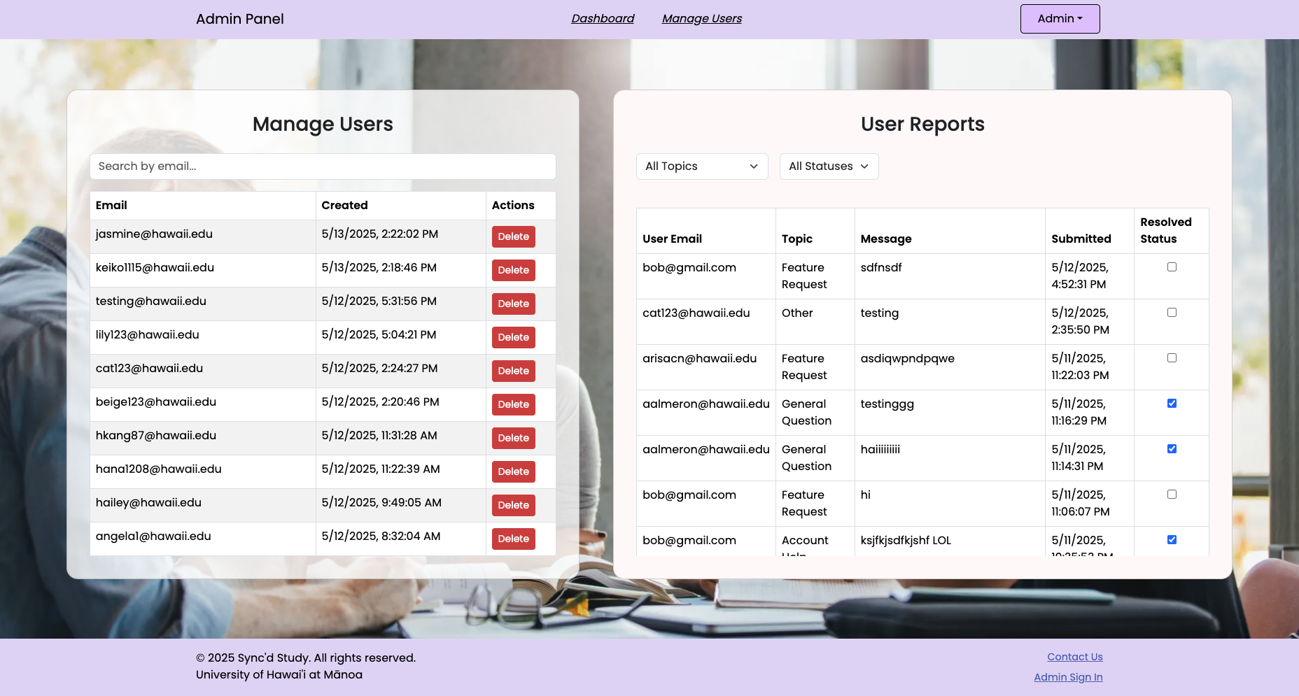 Manage Users page